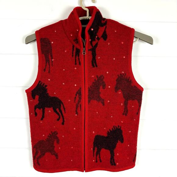 Tally-Ho Equestrian Horse Red Wool Vest Medium collar full zip Western Cowgirl - Picture 1 of 7